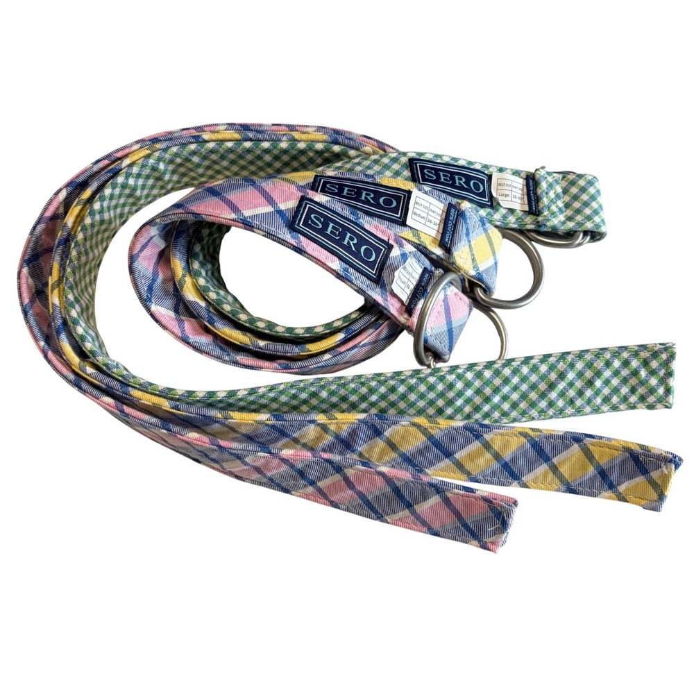 Sero Cotton D-Ring Belt Set 3 Plaid Gingham Pink Green Yellow Medium Large
